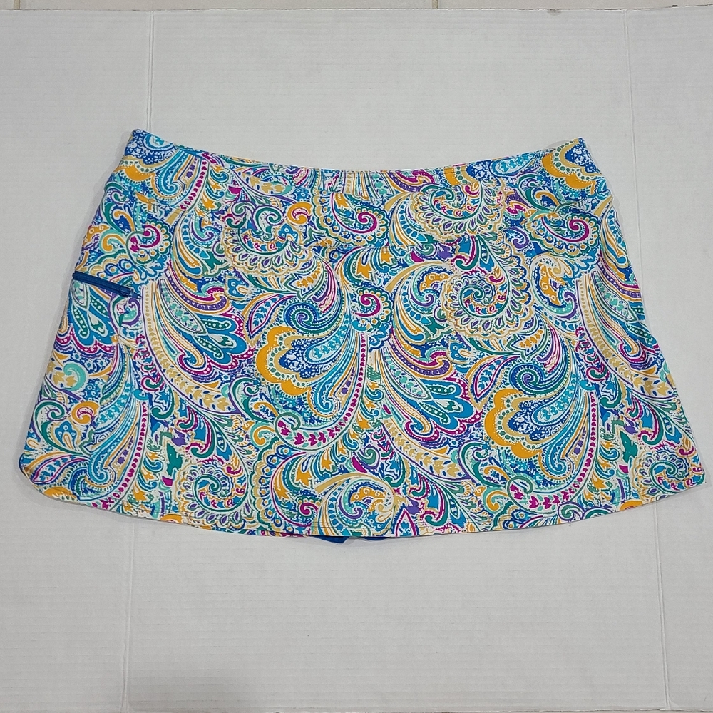 SUNSETS Turquoise Purple & Yellow Paisley Print Skirted Swimsuit Bottom Sz 16 - Picture 4 of 12
